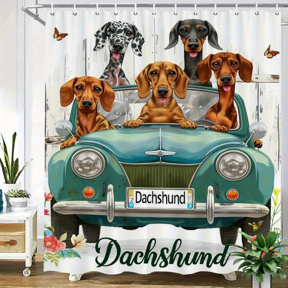 Funny Dachshund Dog Family Group Portrait Shower Curtain - Cute Canine Dog Lover Bathroom Decor Shower Curtain