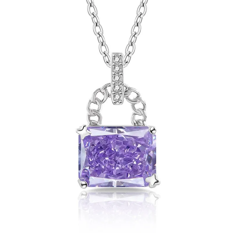 Sparkling Colorful High-carbon Diamond Handbag Lock Shaped Pendant Necklaces for Women Choker White Gold Silver 925 Jewelry Gift
