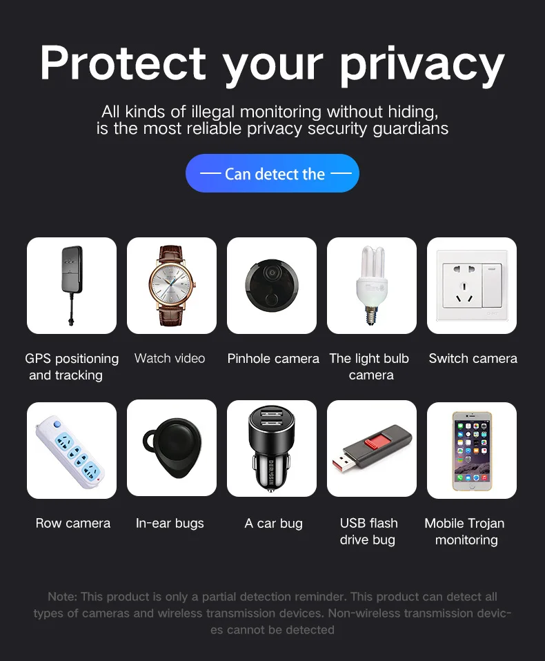 كاشف كاميرا تجسس متعدد الوظائف، جهاز مضاد للتنصت، ماسح ضوئي بالأشعة تحت الحمراء للكاميرا الخفية، منع تتبع GPS