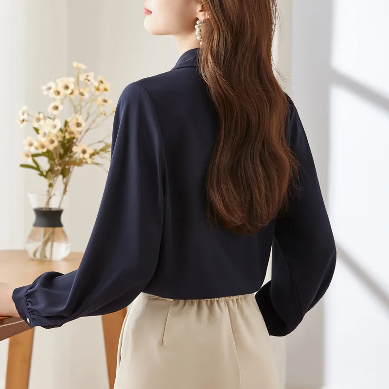 NAVIU Spring Women Shirts Office Female White Navy Blue Fashion Elegant Turn-down Collar Long Sleeve Chiffon OL Blouses Tops