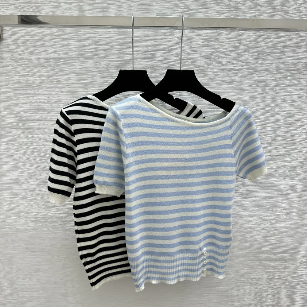 

Летняя женская свободная футболка 2026 года – повседневный модный топ с круглым вырезом – базовая универсальная полосатая кофта-пуловер xy26330141