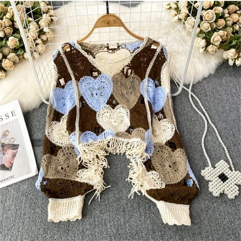 

New Tassel Patchwork Ladies Elegant Jumper Top K055 Spring Boho Retro Short Pullovers Women O-Neck Long Sleeve Crochet Sweaters