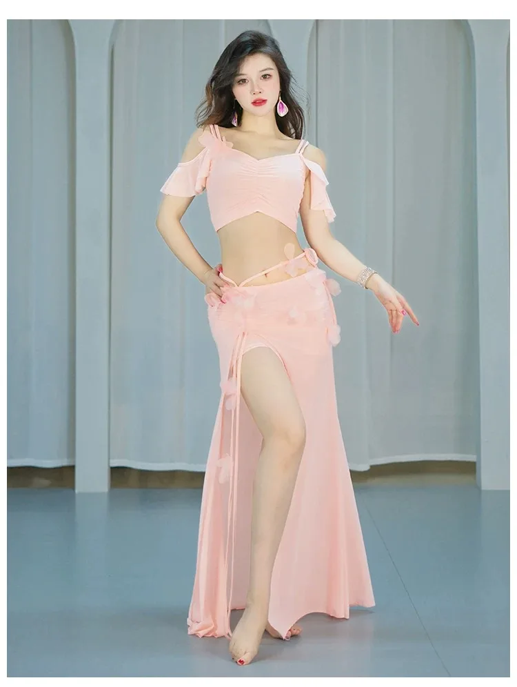 オリエンタルダンサーパフォーマンスガーゼドレス女性のベリーダンス練習ドレス2点セット長袖トップサイドスプリットスカートスーツ