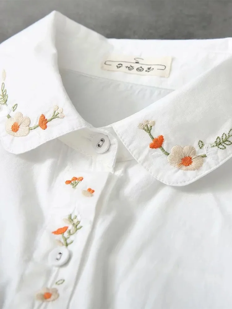 New Cotton White Shirts Women Turn Down Collar Embroidered Long Sleeve Button Casual Tops Girl\'s Loose Blouse Fall T37513JM