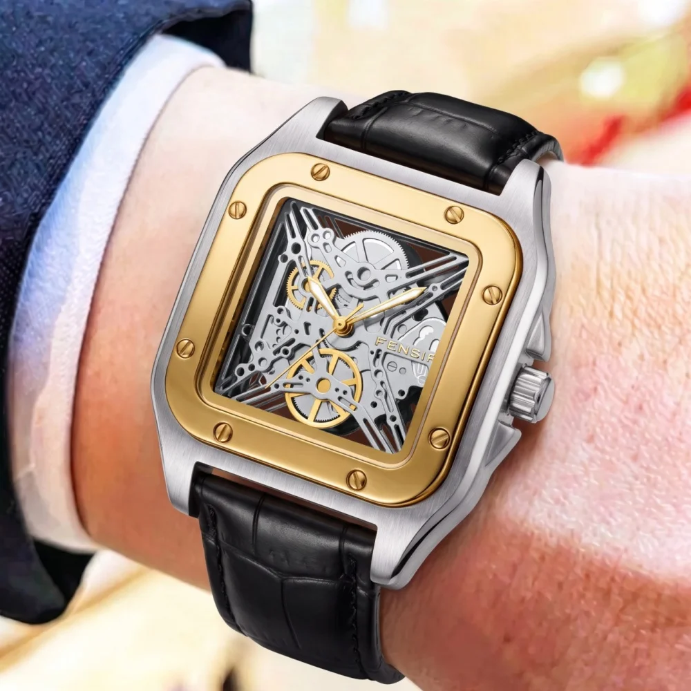 Classic Business Square Hollow-Out Quartz Men's Watch, Hollow-Out Mechanical-Style Dial, Durable Leather Strap, Waterproof, Stylish and Casual, Versatile Men's Wristwatch, Suitable for Daily Wear, Holiday Gifts
