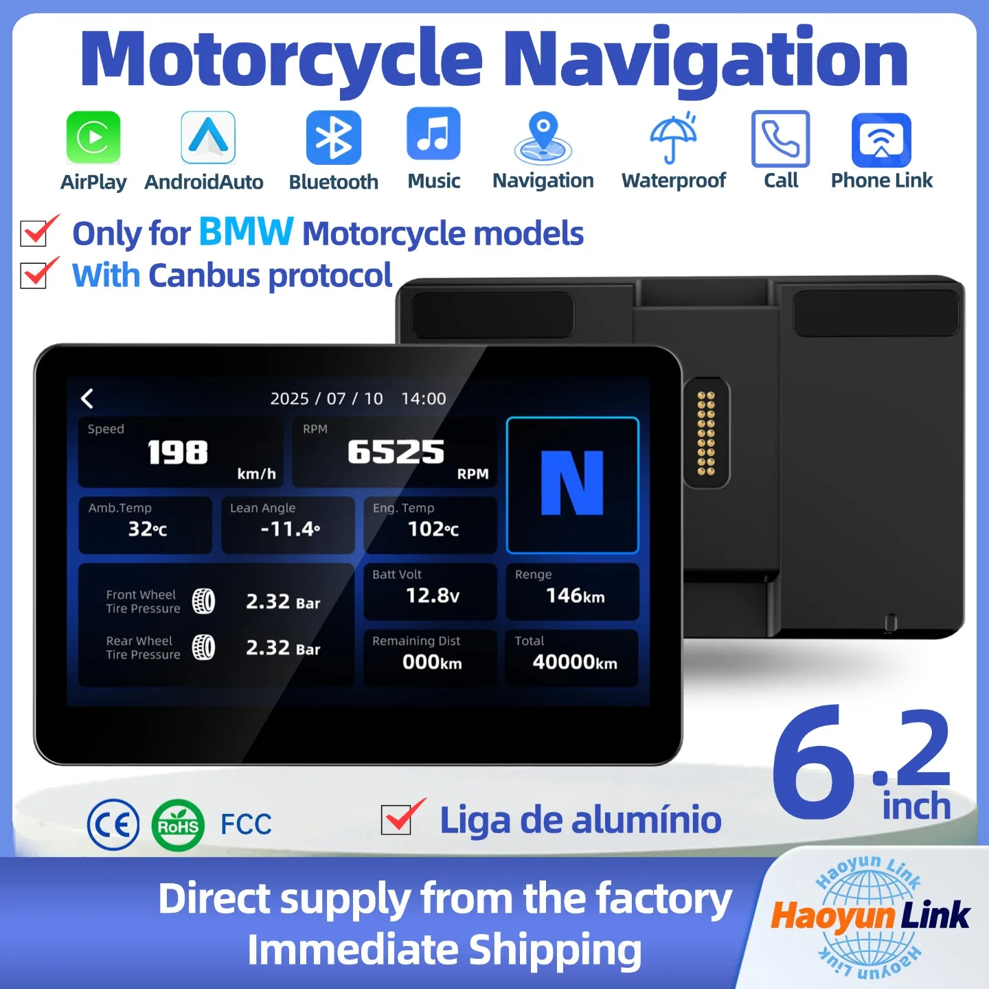 【6.2】Navigation CarPlay screen for BMW motorcycle, optional Scroll Control