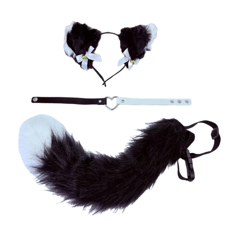 

652F Cats Costumes Wolf Foxes Ears Headband Cats Tail Heart Choker for Christmas Halloween Cosplay Party Costume Accessories