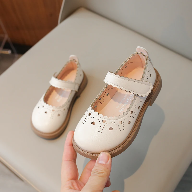 Unishuni Princess Mary Jane Shoes for Baby Girls Child Cut-Out Vintage Flats Kids Flower Edge Party Dance Shoe Beige Brown 21-30