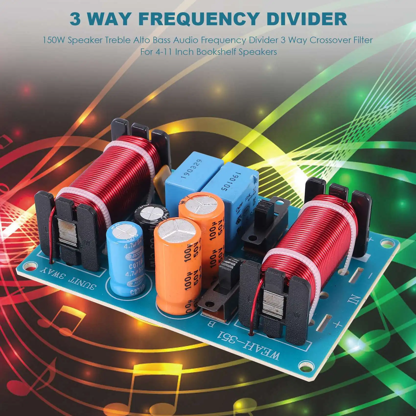 150W Speaker Treble Alto Bass Audio Frequency Divider 3 Way Crossover Filter for 4-11 Inch Bookshelf Speakers