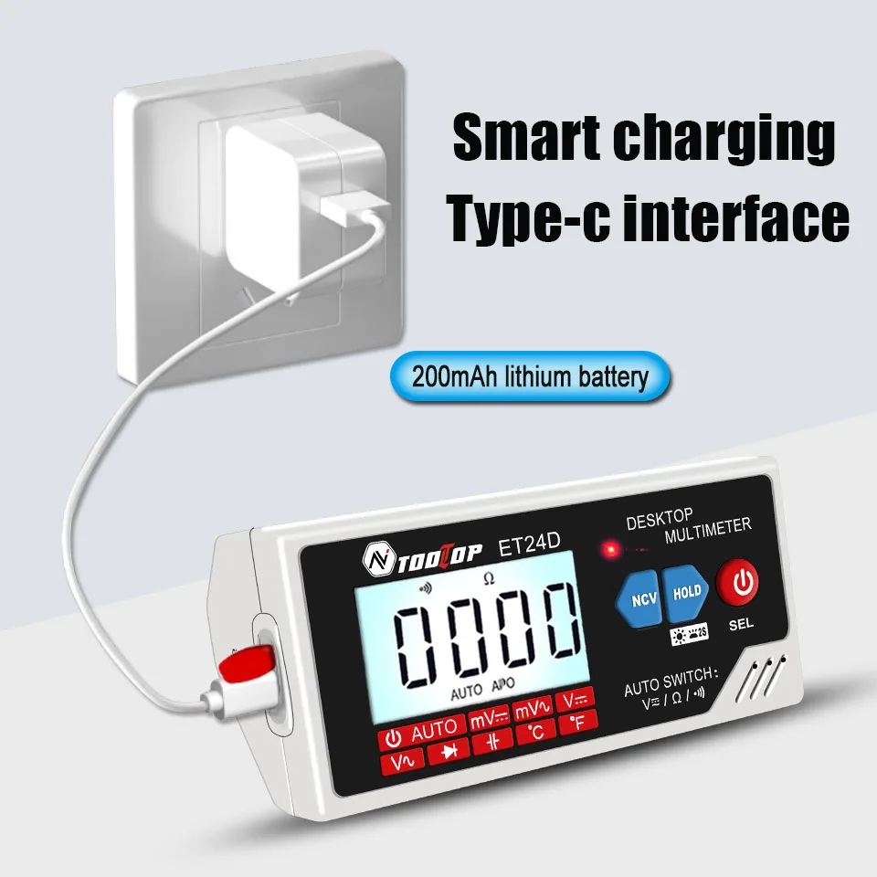 TOOLTOP ET24D Mini Desktop Multimeter 6000 Counts True RMS AC/DC 600V Voltage Resistance Capacitance Temp Diode NCV Test