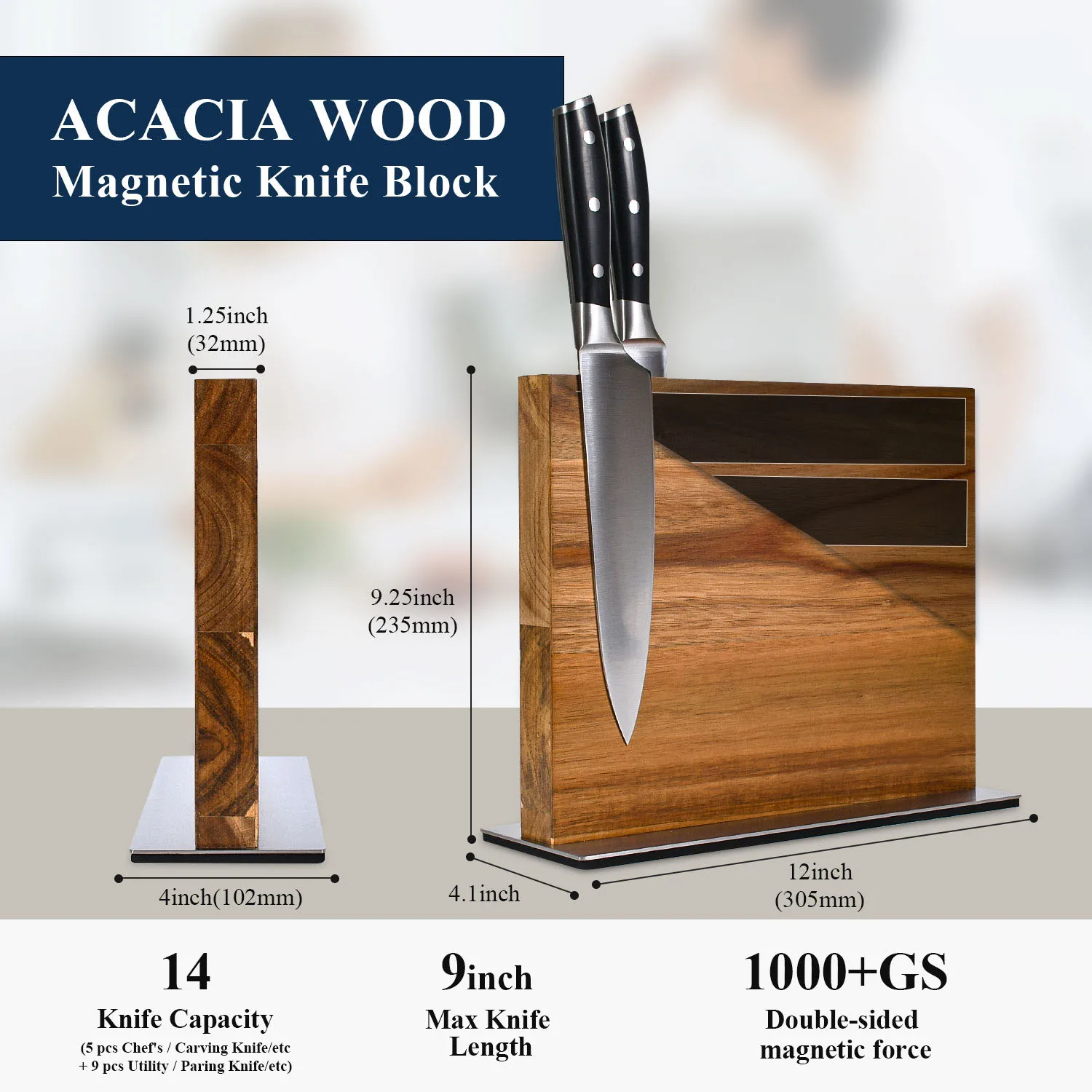 High Quality Magnetic Knife Block Powerful Double-Sided Acacia Wood Magnetic Knife Holder for Easy-Access Kitchen Knife Storage view 2