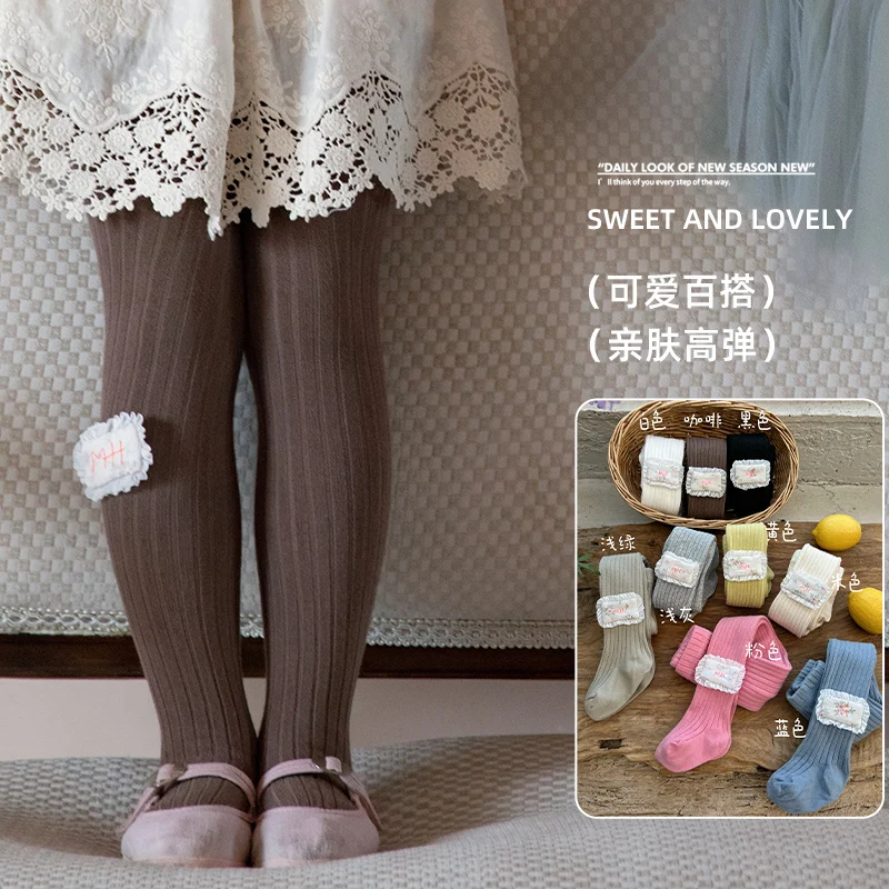 Lovely Girls Floral Embroidery Square Fabric Strip Decor Pantyhose Wear Resistant Elastic Comfort Sweet Lolita Princess Leggings