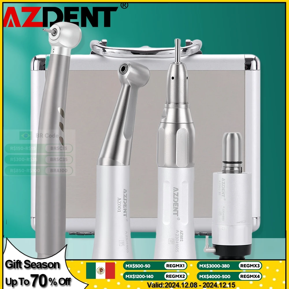 Azdent Dental LED High and Low Speed Handpiece Kit 1:1 Push Button Contra Angle 2/4 Holes Dentist Handpiece Set Lab Tools