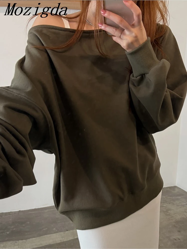 

Autumn Winter Korean Chic Personality Sloping Collar Off Shoulder Design Loose Casual Versatile Long Sleeved Pullover Hoodie