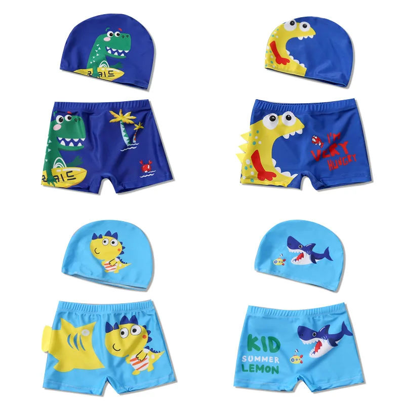 New Children Swimwear Boys Swim Trunks With Swimming Cap Cartoon Print Kids Beach Short Swimsuit Baby Clothing