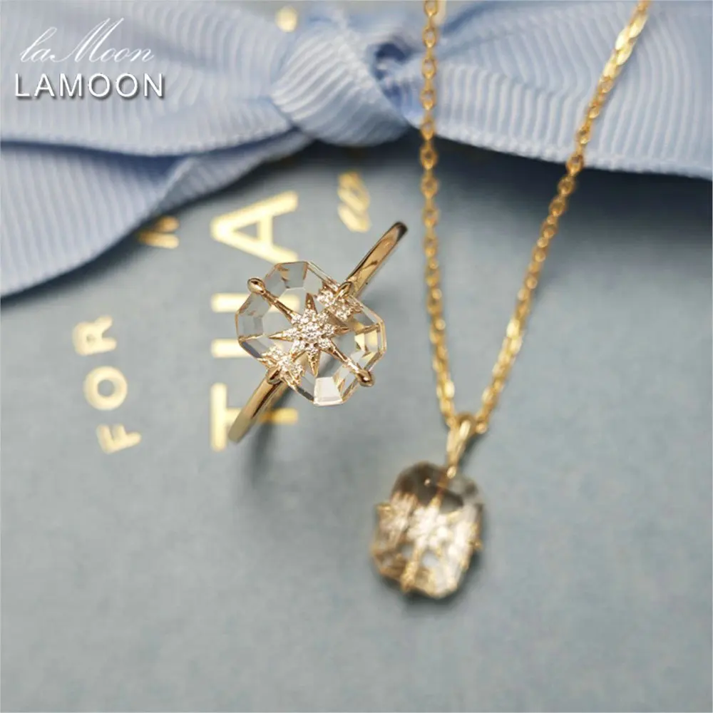 

LAMOON Natural Crystal Geometry Ring For Women Simple Exquisite Romantic Shiny Star 925 Silver Gold Vermeil Fine Jewelry