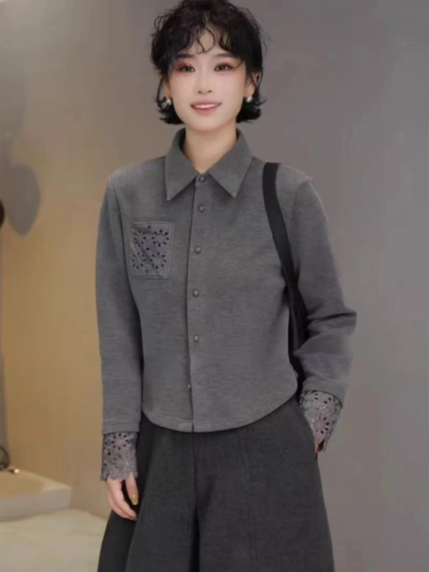 

Ретро-рубашка женская с кружевными вставками и начесом, осенне-зимняя, модная, элегантная, универсальная, стройнящая, базовый слой, трендовая, с длинным рукавом