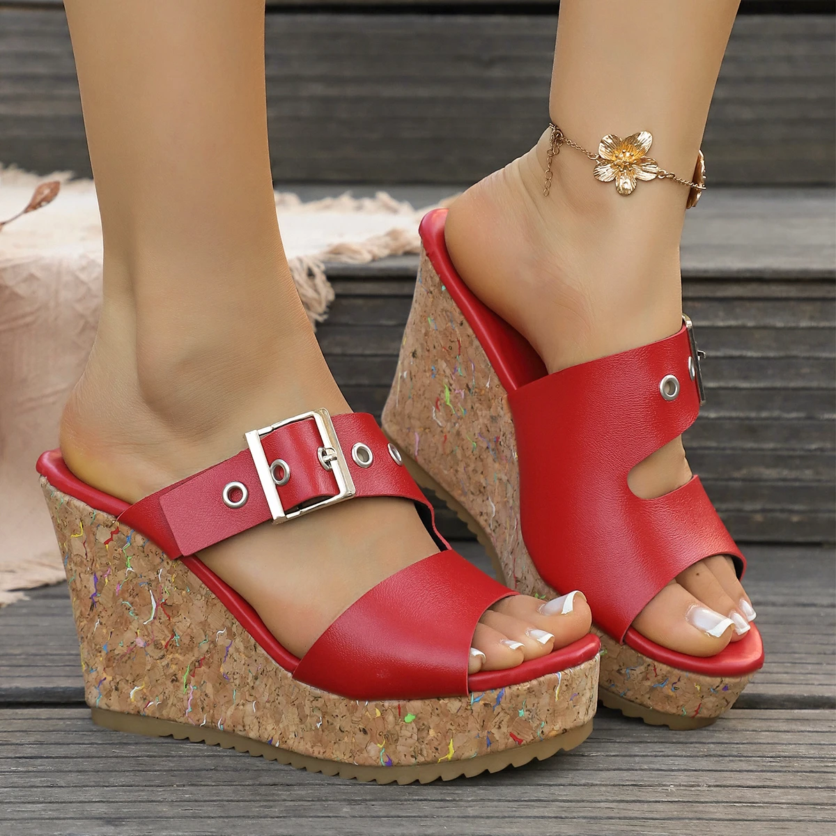 Casual Summer New Wedge Heel Women's Sandals 2026 Fashion Solid Buckle Strap Round Toe High Heel Women Shoes