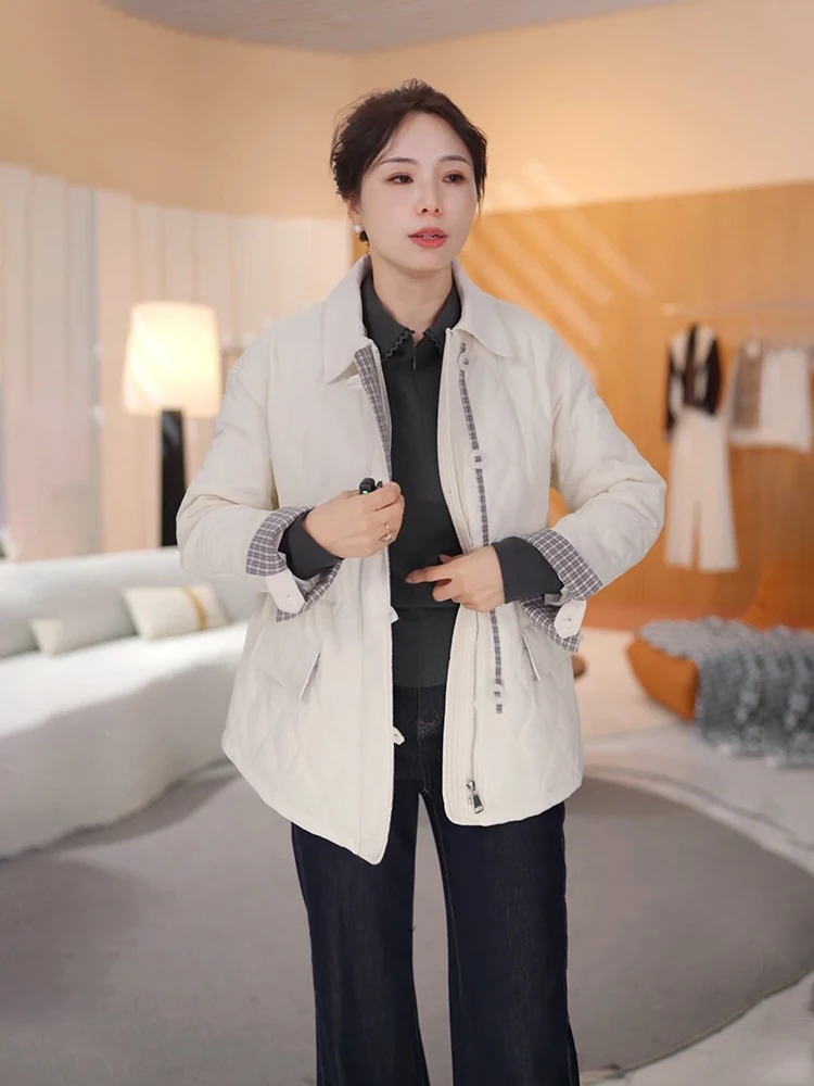 

Lightweight Thin Cotton Jaet for Women with Collar Patchwork Design Cheered Pattern Casual Loose Fit Warm Polyester