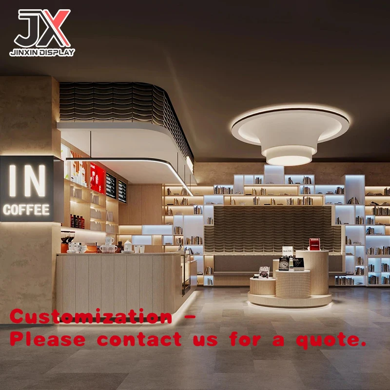 custom.Factory Custom Modern LED Lit Coffee Bar Restaurant Counter Design Shopping Mall Showcase Display Cabinet Cafe Retail Sto