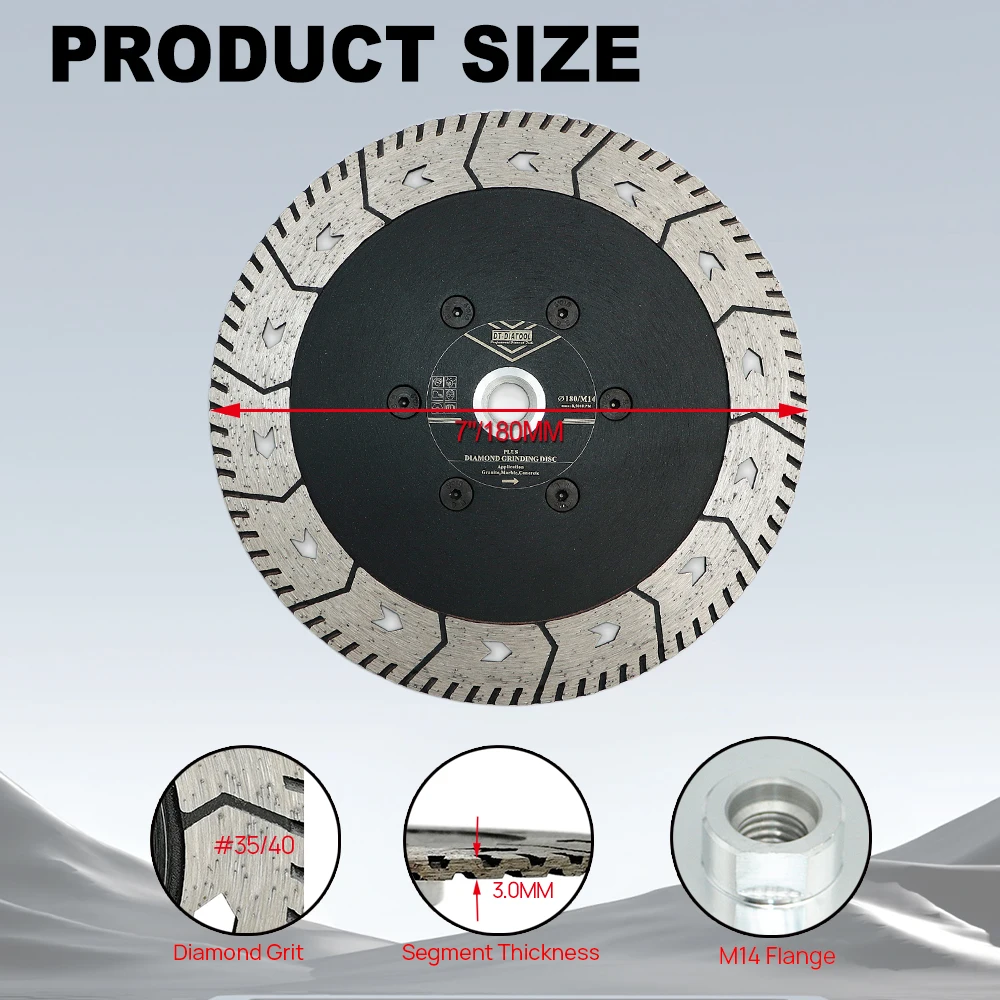 DT-DIATOOL Diamond Cutting Grindng Disc with M14 Thread Dual Saw Blade for Grinding Granite Marble Concrete 1pc Dia 180mm Disc