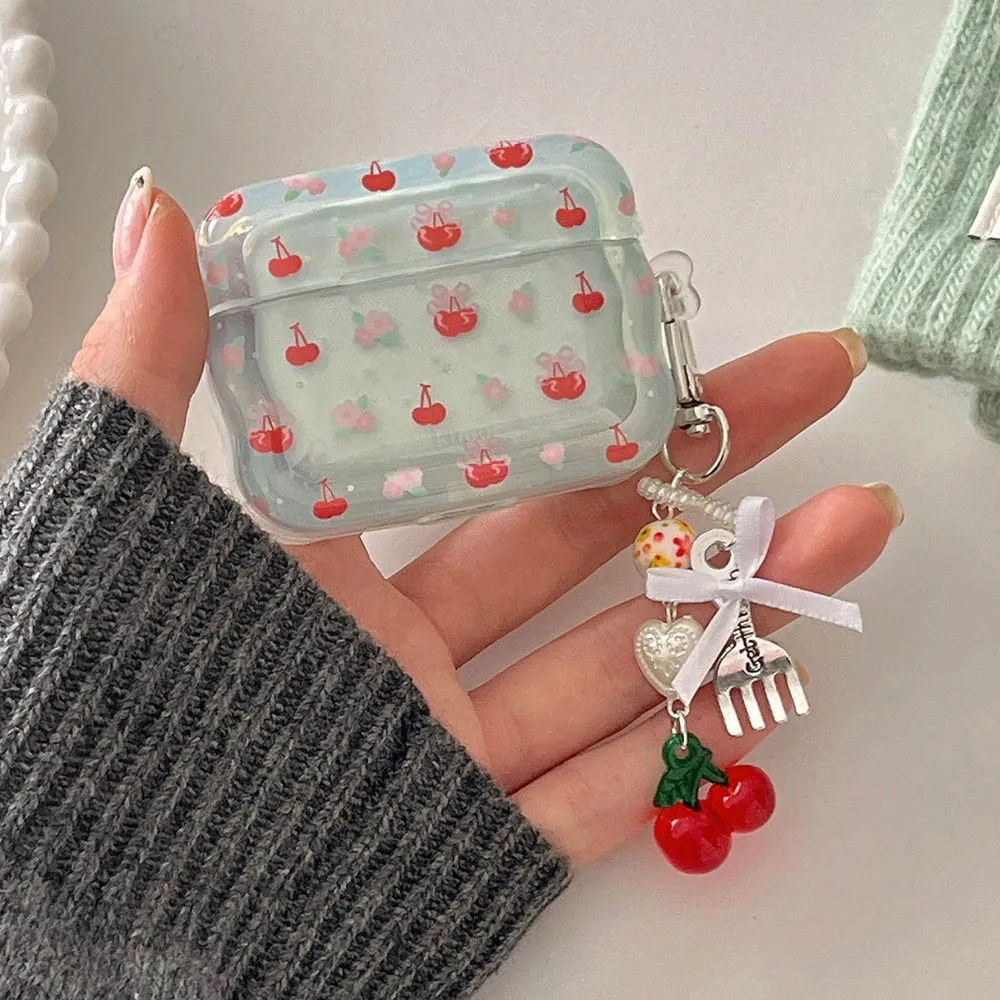 Korea INS Fresh Flower Cherry Pendant Keychain Case For Apple AirPods Pro 2nd Air Pods 4 1 3 Wavy Earphone Protective Box Cover