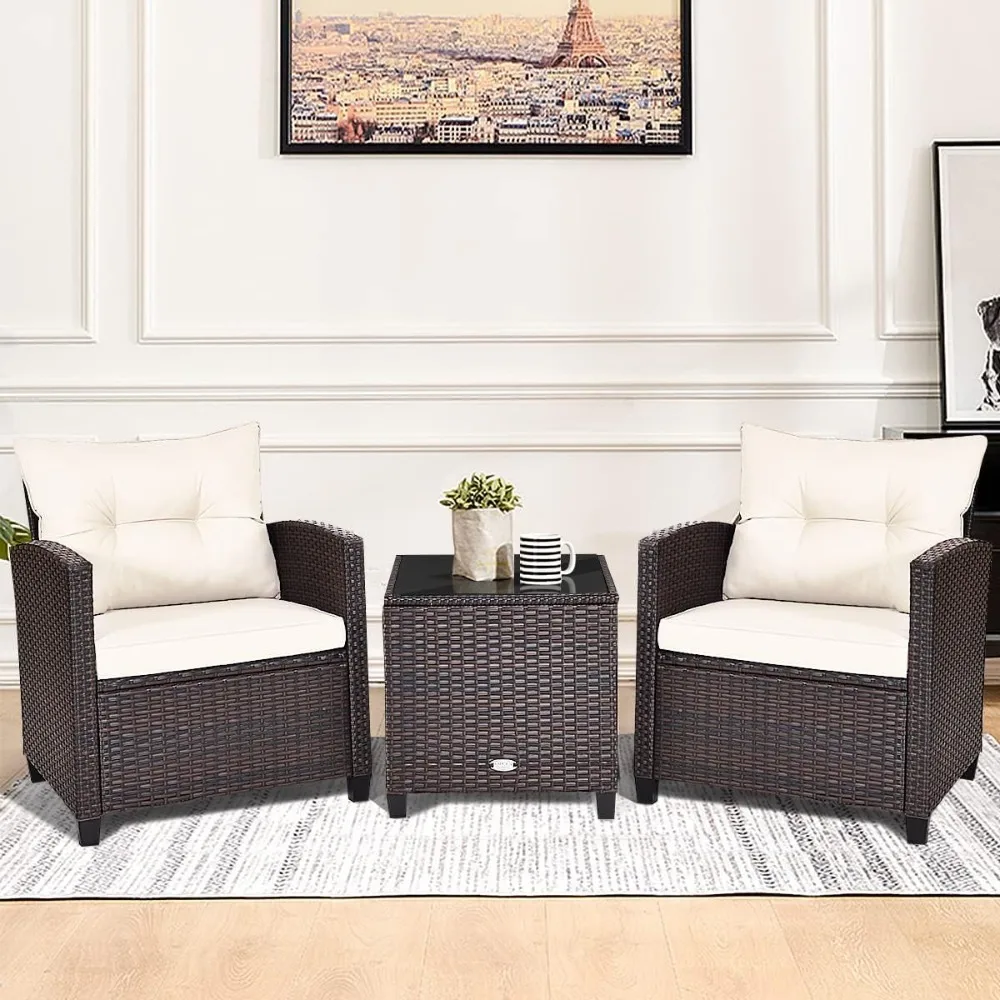 طقم أثاث الفناء، كرسي أريكة فناء من الخيزران مكون من 3 قطع مع وسائد قابلة للغسل وطاولة زجاجية