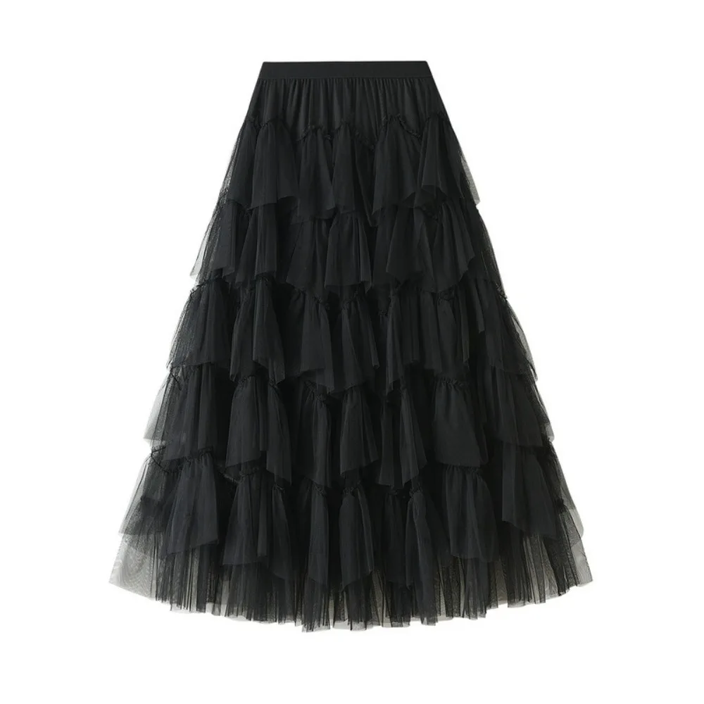 New Solid Color High Waist Skirt Elastic Waist Medium Length Mesh Skirt Irregular Hem Pleated Design Tutu Skirt Summer Season