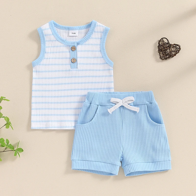 

Hnyenmcko Baby Boy Summer Clothes Striped Print Sleeveless Ribbed Tank Tops Elastic Solid Shorts Sets 2Pcs Toddler Outfits