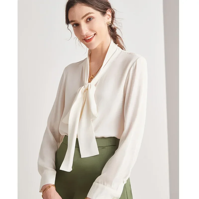 

new korean Women Shirt bow Collar Heavy Mulberry real Silklong sleeved Shirt White Tops elegant high quality silk shirts