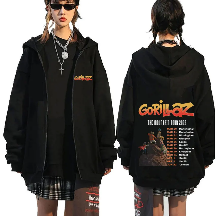 

Rock Band Gorillaz The Mountain Tour 2026 Zipper Hoodie Men Women Hip Hop Fashion Oversized Zip Up Jacket Coat Male Streetwear