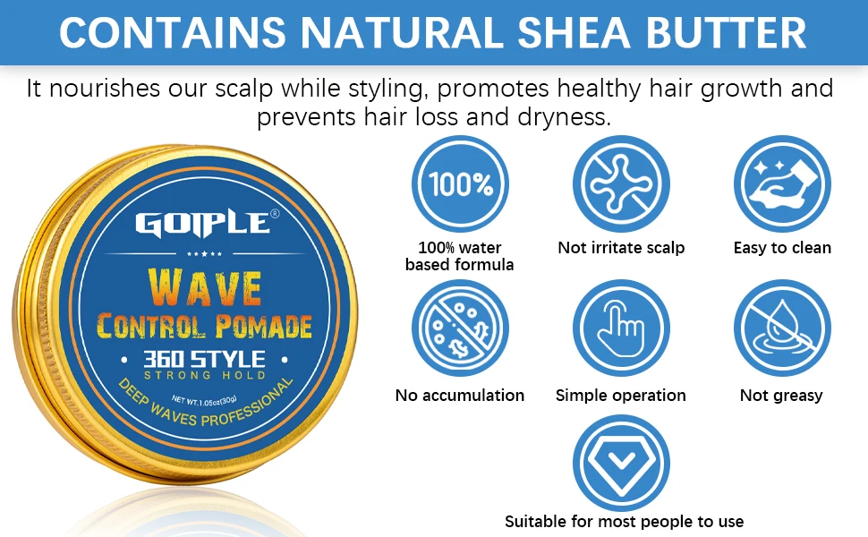 GOIPLE Men Wave Control Hair Pomade Lasting Styling Hair Mud Waves Layered 360 Style Wax Cream Pirate Hat and Plastic Brush 4pcs