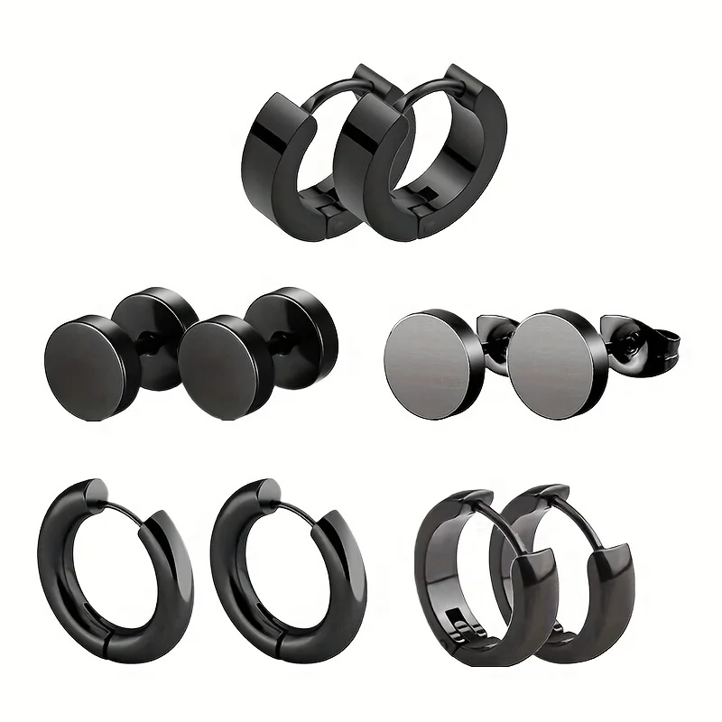 1/5 Pairs Punk Multiple Stainless Steel Round Stud Earrings Men Women Gothic Street Hip Hop Ear Buckle Hoop Piercing Jewelry