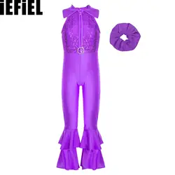Kids Girls Shiny Sequins Dance Leotard Sleeveless Turn-Down Collar Decorated Zipper O-ring Bell-bottom Bodysuit with Hair Band