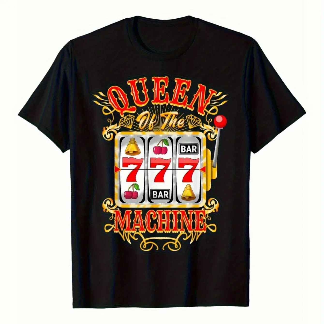 Men's Retro Slot Machine Graphic T-Shirt Queen of The Machine Design with 777 & Bar Symbols Cotton Relaxed Fit All-Season