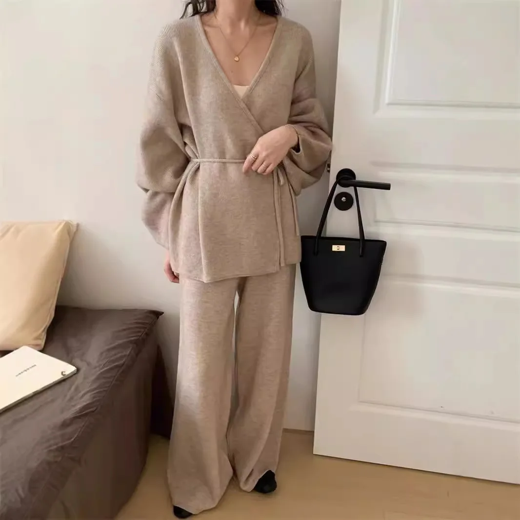 Damen 2-teiliges Set, Strickjacke, weites Bein, Hosenanzug, Strickmantel, Hose, Ensemble, Schnür-Strickjacke, Herbst-Winter, Vintage