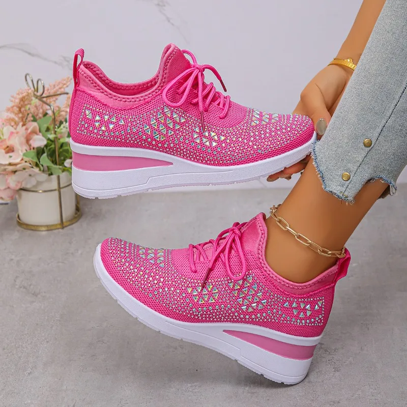 

Women's Shiny Rhinestone Wedge Sneakers Breathable Knit Non Slip Walking Shoes Woman Plus Size Fashion Thick Sole White Sneakers