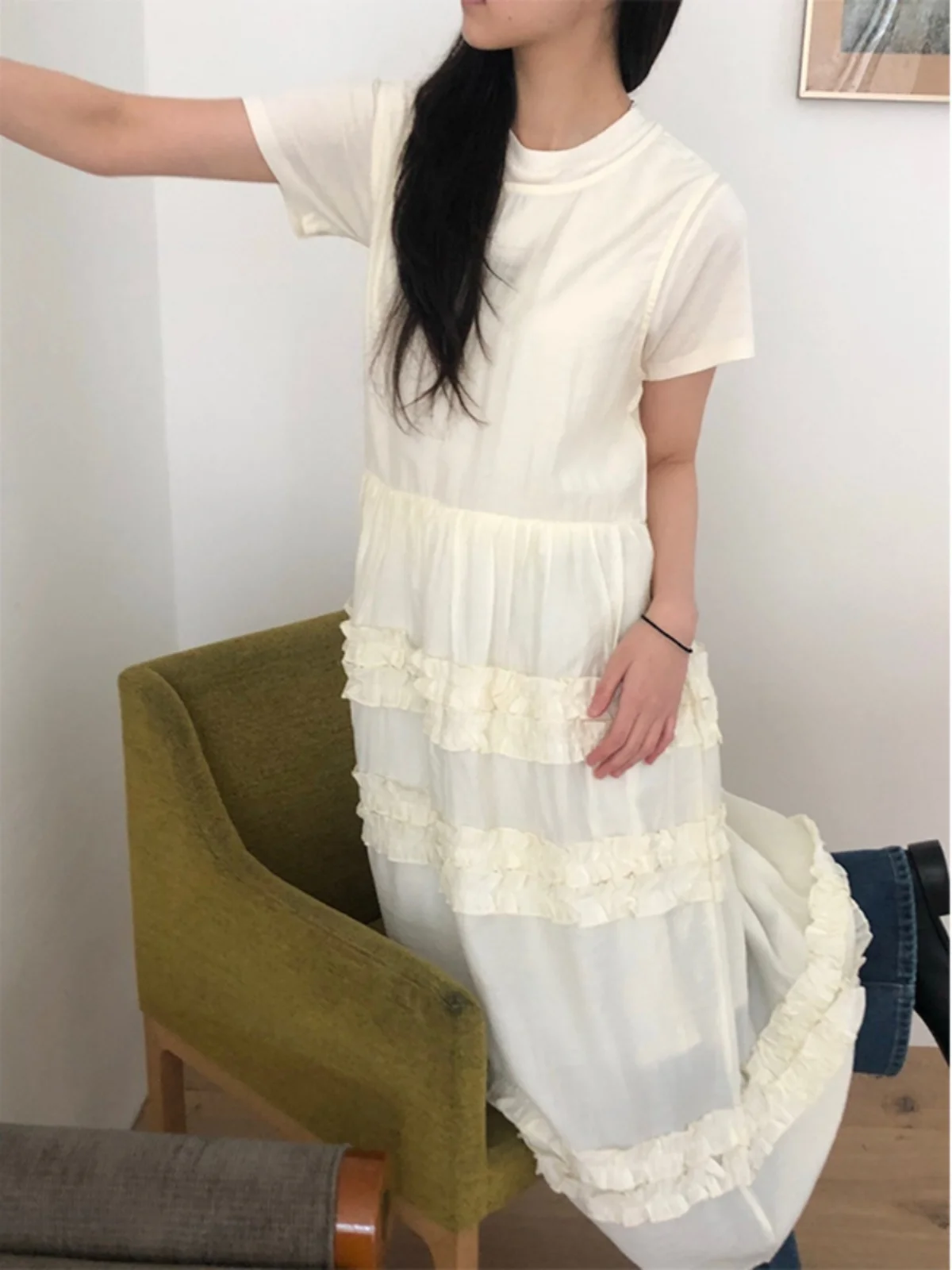 Vestido Estilo Coreano em A para Mulheres, Moda de Primavera, Design em Camadas, Saia Longa inada, Confortável, Cintura Elá...