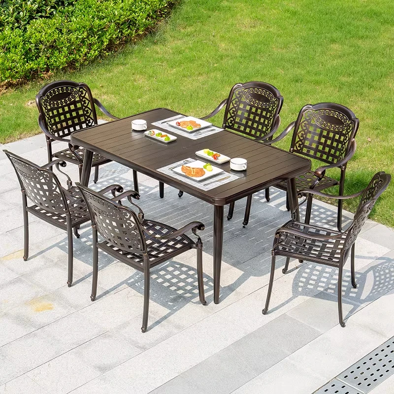 

！@European Style Durable Outdoor Leisure Set Cast Aluminum Table Chair Ironwork UV Resistant Stackable for Villa Courtyard Balco