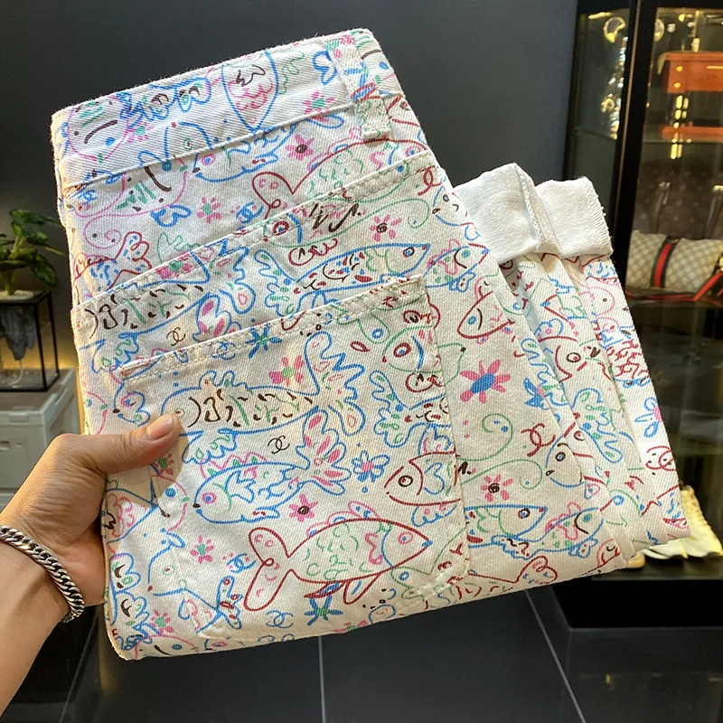 American retro high street jeans men's loose straight leg casual fashion printed design sense wide leg casual long pants