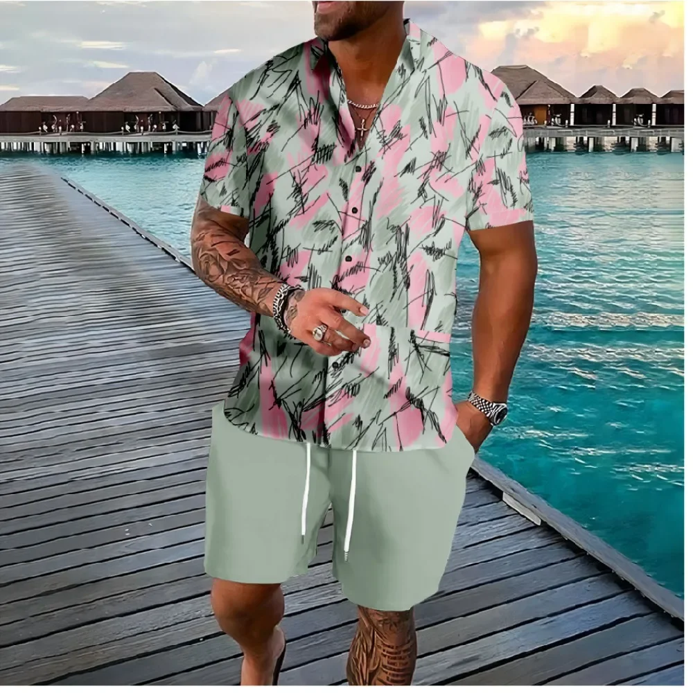 Fashion Color Leaf 3D Print Men Shirt Sets Short Sleeve Shirt Oversized Casual Beach Shorts Streetwear Hawaiian Suits Clothes