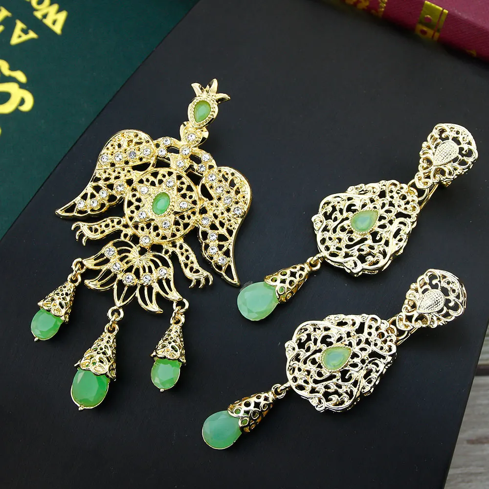 Sunspicems Unique Morocco Totem Brooch Bride Jewelry Sets For Women Gold Color Arabic Caftan Hijab Brooch Pins Long Drop Earring