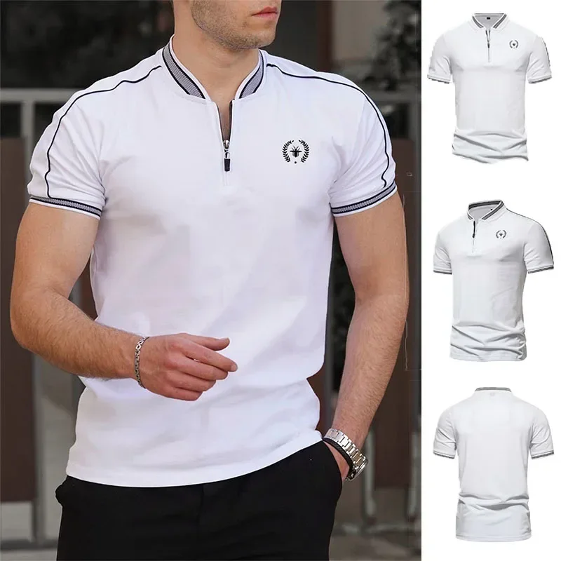 4 Colors ! 2023 Summer Men's New T-shirt Stand Neck Zipper Decoration Half Open Neck T-shirts High Quality Casual Short Sleeve T