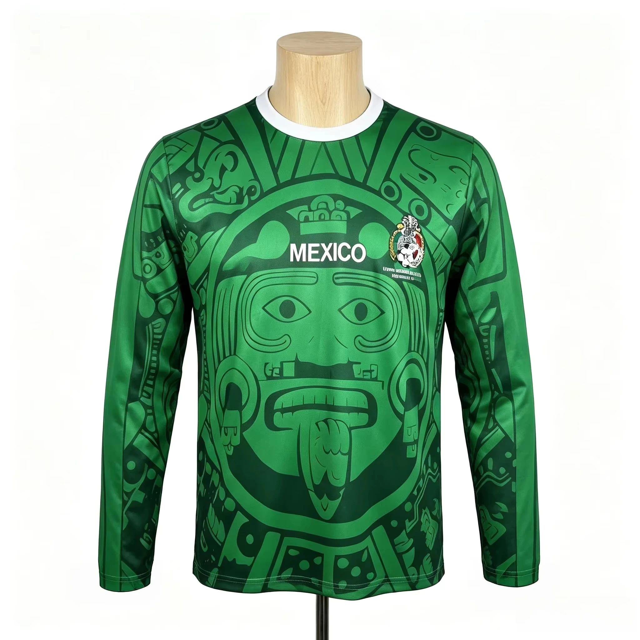 Mexico Aztec Sun Stone Long Sleeve T-shirt, Green Red National Emblem, Breathable Quick Dry Cultural Casual Top Family Kids Tees