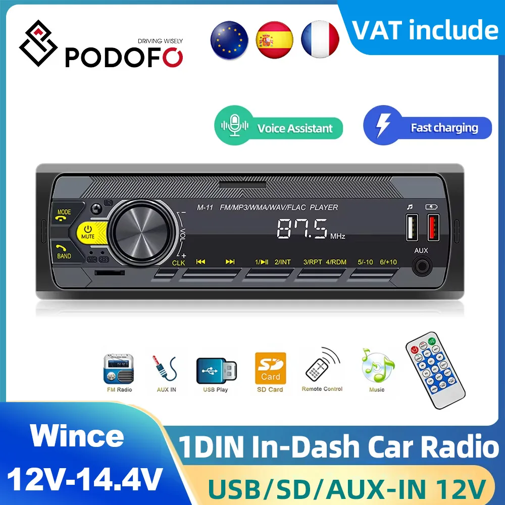 Podofo 1DIN In-Dash Car Radio Remote Control Digital BT Audio Music Stereo MP3 Player USB/SD/AUX-IN 12V Car Radio