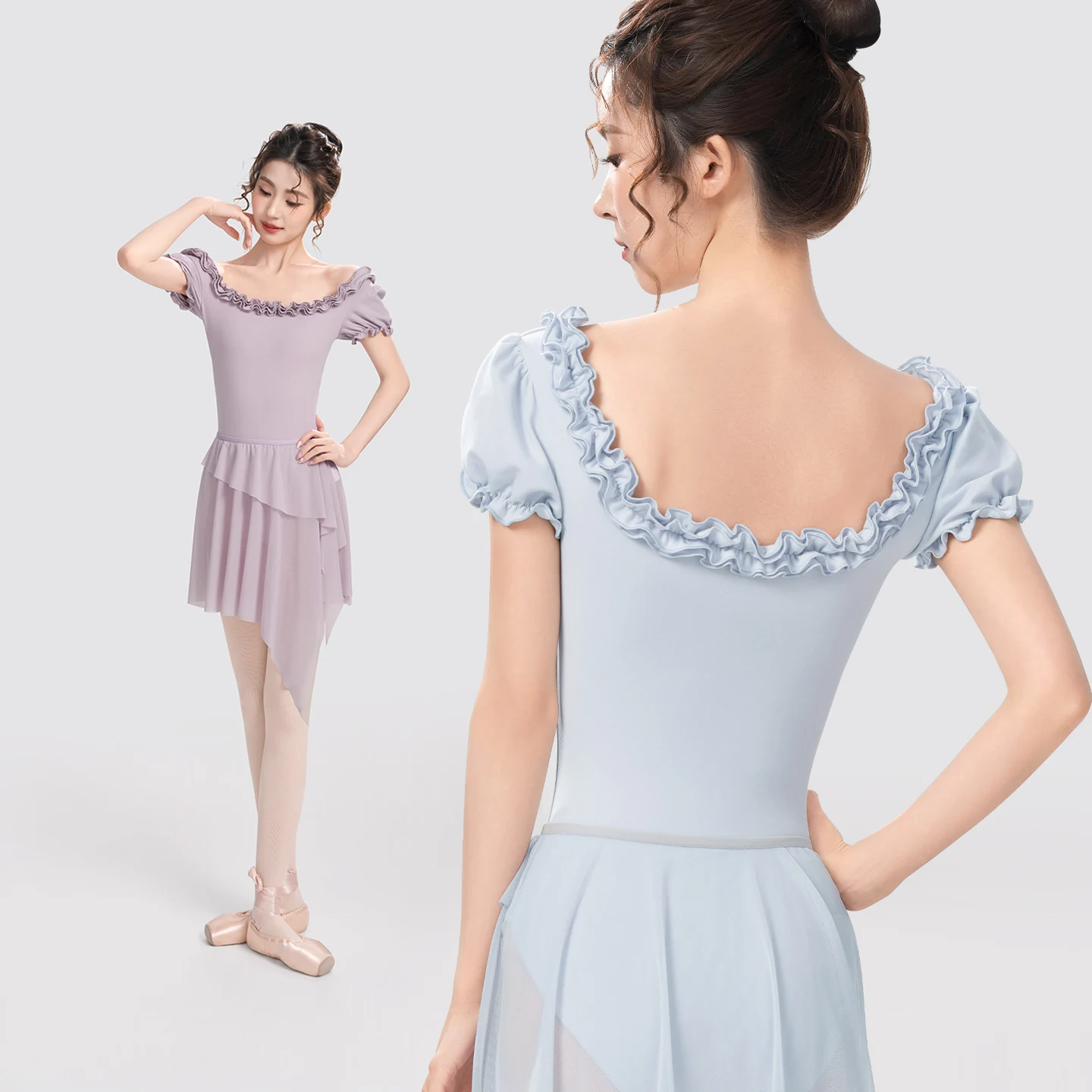 

Woman Ballet Leotards Puff Short Sleeves Dance Leotards Lycra Cotton Flower Neck Ballet Bodysuit Adult Gymnastics Leotard