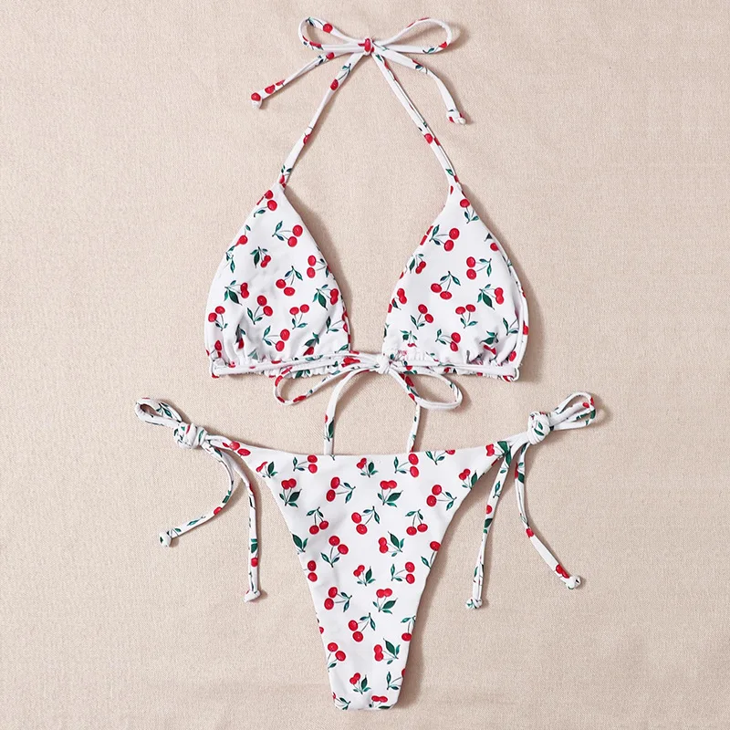 XS - L Cherry Printed Halter Strappy Bikini 2024 Female Swimsuit Women Swimwear Two-pieces Bikini set Bather Bathing Suit Swim