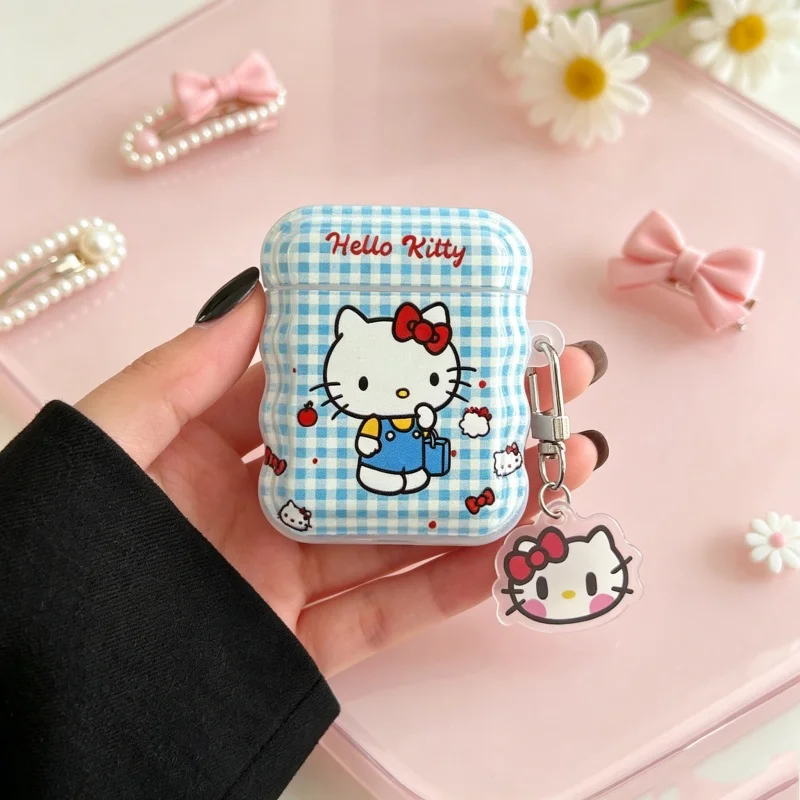 Cute Cartoon Small Fresh Blue Grid Hello Kitty Headphone Case For AirPods 4 2 3 1 Pro 2 3 Wireless Bluetooth Headphone Case view 3