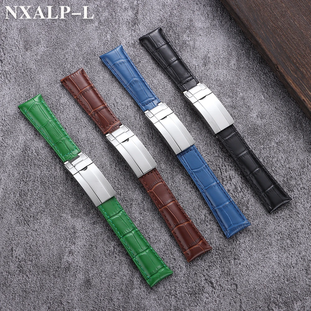 20 مللي متر الساعات ل رولكس الغواصة يخت ماستر للمياه شبح سلسلة الرجال جلد العجل حزام ساعة اليد 9x16 مللي متر للطي مشبك