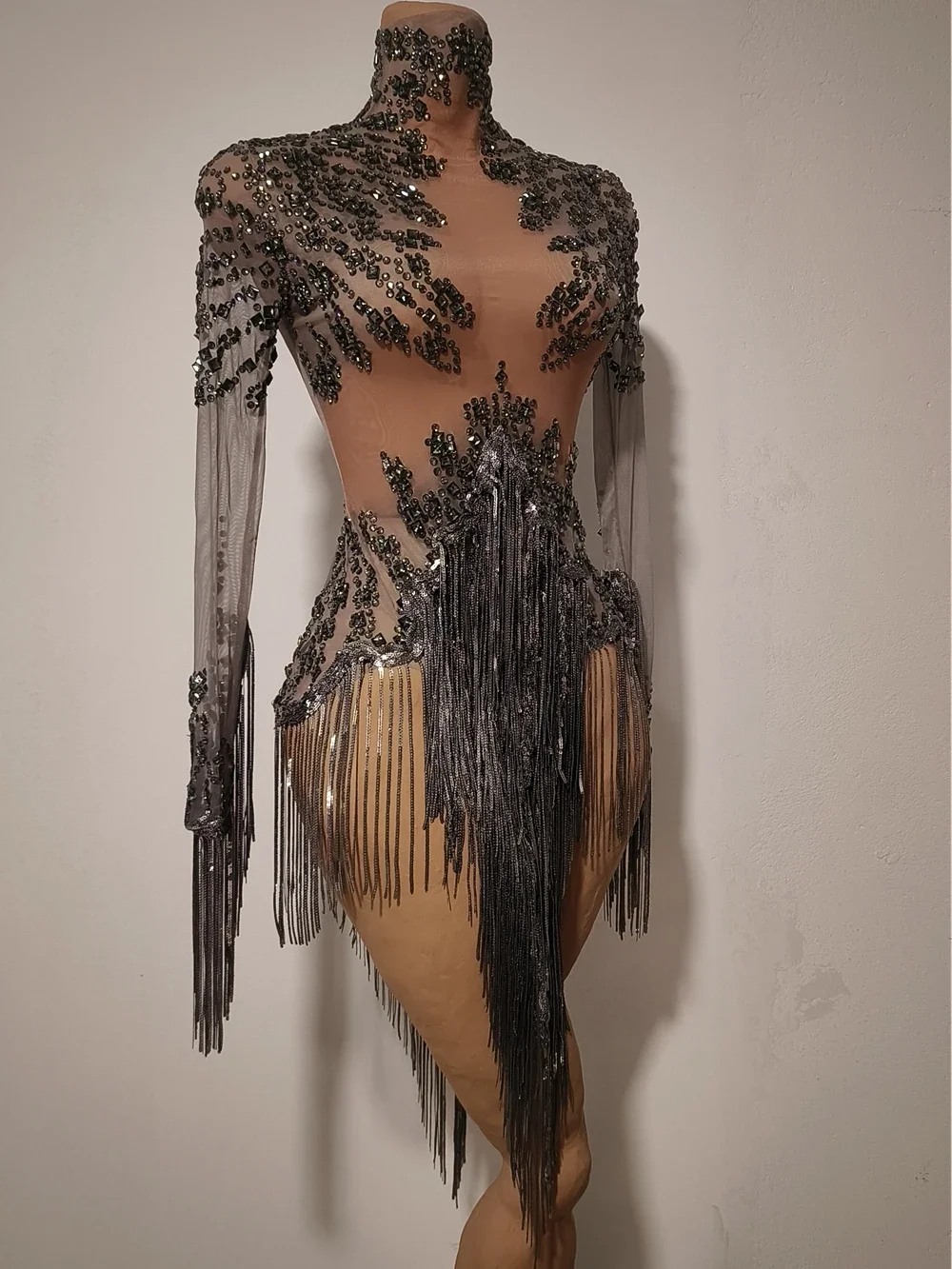 Sexy Mesh Transparent Performance Dance Costume Stage Wear Sparkly Rhinestones Sequins Tassels Birthday Celebrate Evening Dress